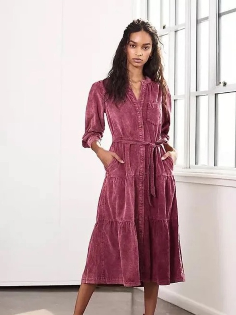 Anthropologie Pilcro Marta Tiered Corduroy Midi Dress Mauve Berry Pink Size XS - Picture 1 of 8